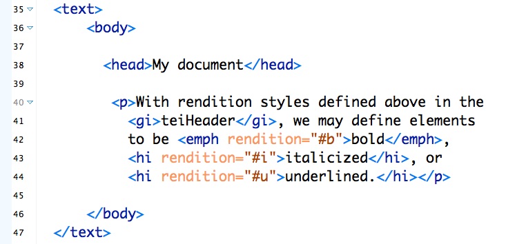 Code example: pointing to <rendition> styles with @rendition